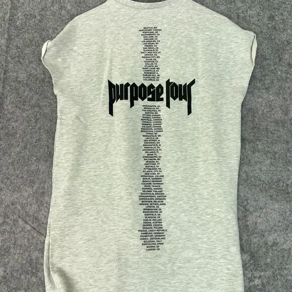 Justin Bieber Women Sweatshirt 6 Gray H&M Cut Off Long Crew Neck Concert Purpose - Picture 7 of 11